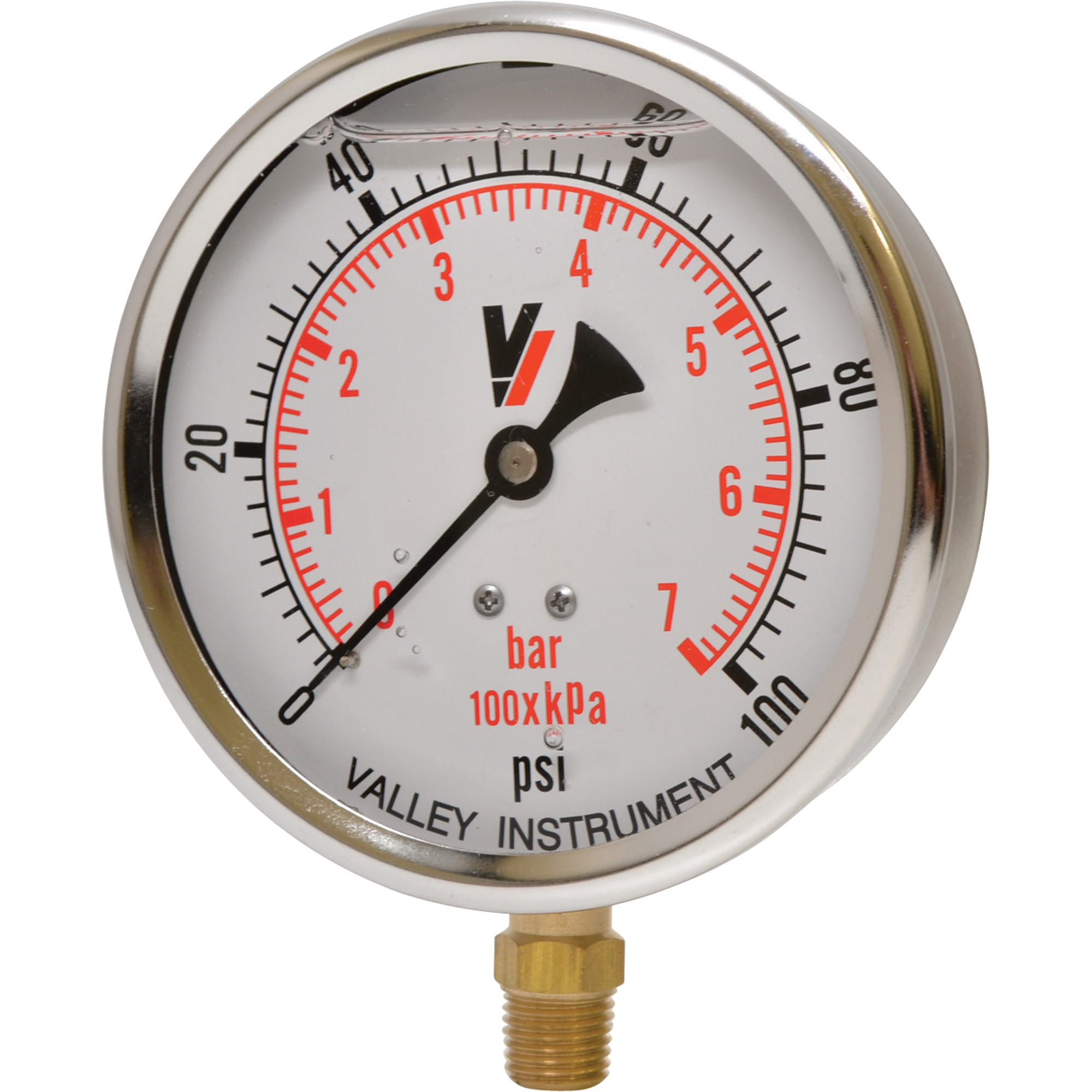 Valley Industries, 4in. Bottom Mt Gauge 100PSI, Case Material Stainless Steel, Min. Operating Pressure 0 PSI, Max. Operating Pressure 100 PSI, Model# CS-4140GXB100